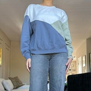 blue, green, and white color block long sleeve crew sweatshirt #fall